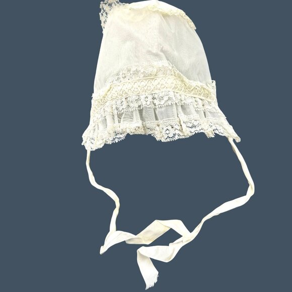 Vintage Frilly Baby Bonnet Lace Ruffle Infant Christening Hat Heirloom - Picture 1 of 16